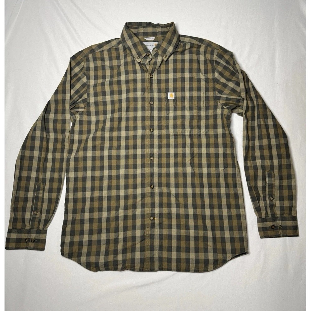 Carhartt Mens Relaxed Fit Plaid Button Down Shirt Olive Green Brown Size M